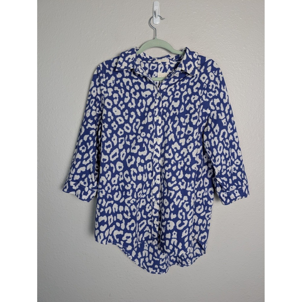 Chico's Tunic Button-Up Womens 2 Blue Leopard Collared 3/4 Sleeve No-Iron